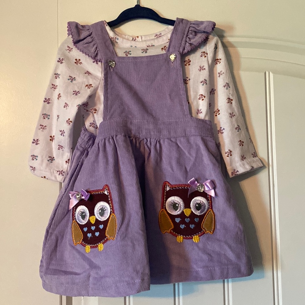 Baby girl ruffle owl overall dress with onesie 12 month